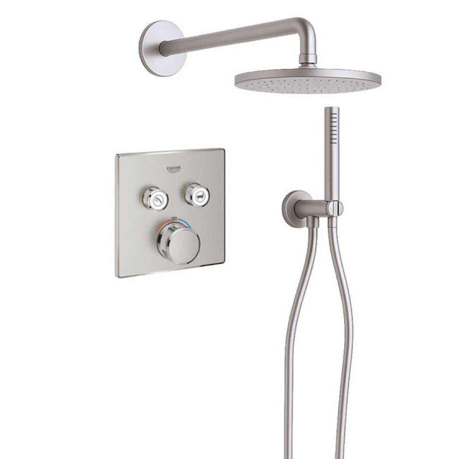 Grohe Adema Rise Regendoucheset - vierkant - wandaansluitbocht met handdouchehouder - gladde doucheslang - staafhanddouche - wandarm - 25cm hoofddouche - Grohe SmartControl inbouwthermostaat - chroom SW1244351/SW104922/SW105953 Grohe Adema Rise Regendoucheset - vierkant - wandaansluitbocht met handdouchehouder - gladde doucheslang - staafhanddouche - wandarm - 25cm hoofddouche - Grohe SmartControl inbouwthermostaat - chroom SW1244351/SW104922/SW105953 afbeelding 1