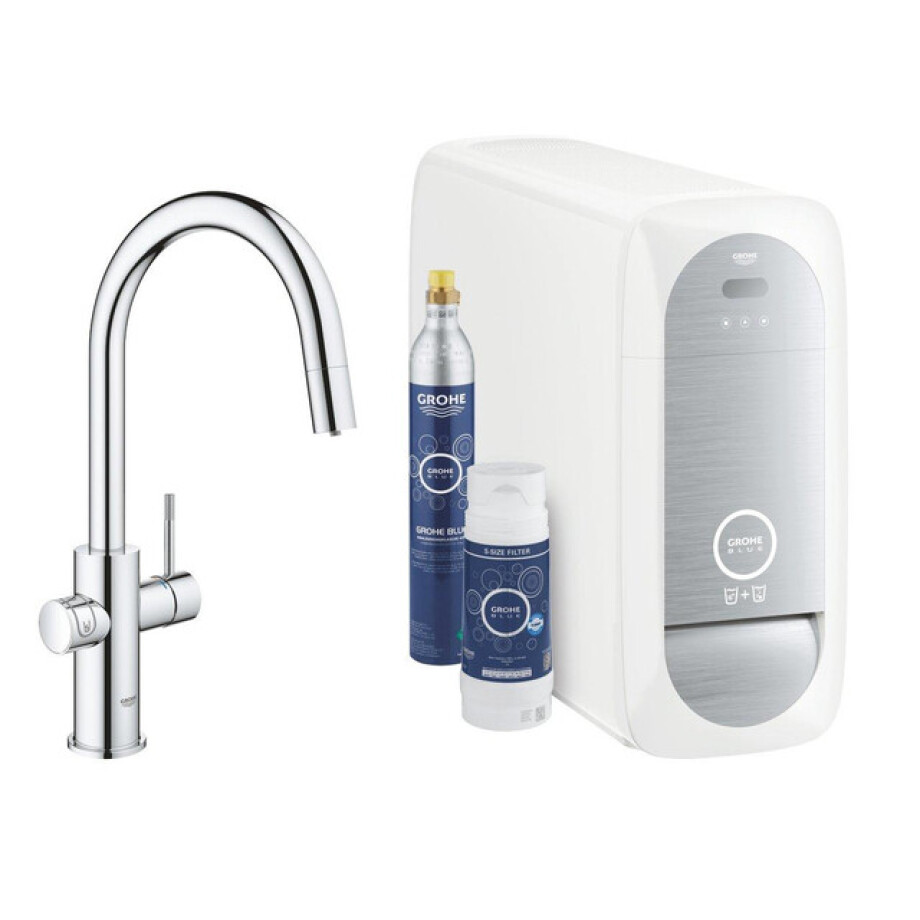 GROHE Blue Home Keukenkraan - uittrekbare c uitloop - 1 gats - filterfunctie - plat licht en bruisend water - chroom 31541000 afbeelding 1