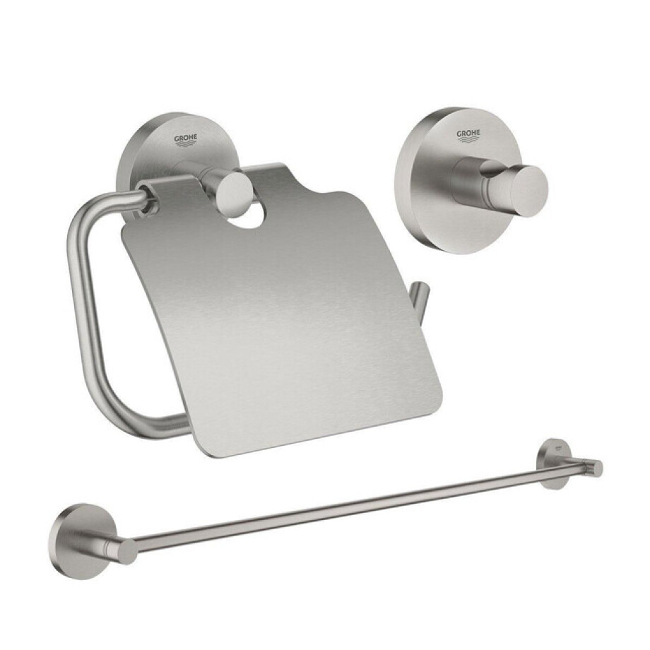 GROHE Essentials accessoireset 3-delig met handdoekhouder, handdoekhaak en toiletrolhouder met klep super steel sw97637/sw97640/sw97647/ afbeelding 1