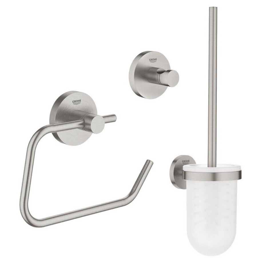 GROHE Essentials Toilet accessoireset 3-delig met toiletborstelhouder, handdoekhaak en toiletrolhouder zonder klep super steel sw97640/sw97648/sw97650/ afbeelding 1