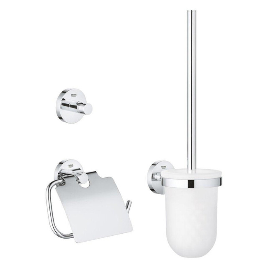 GROHE Essentials Toilet accessoireset 3-delig met toiletborstelhouder, handdoekhaak en toiletrolhouder met klep chroom 40407001 afbeelding 1