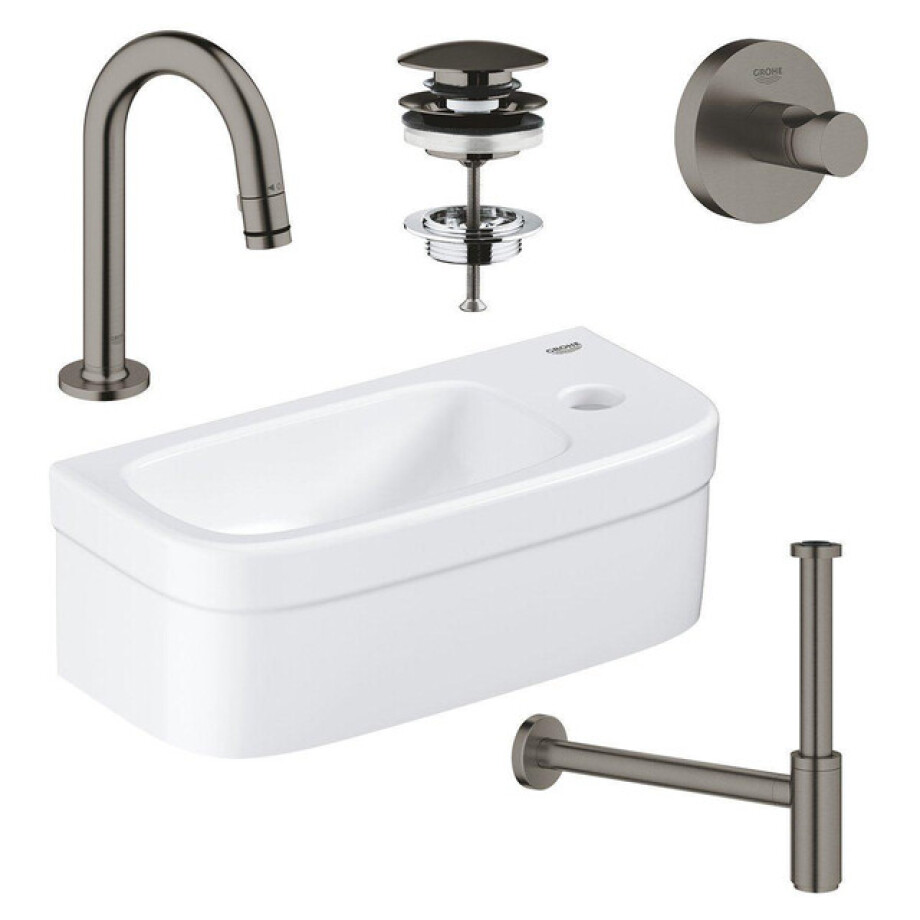 GROHE Euro fonteinset 37x18cm 1 kraangat zonder overloop gebogen brushed hard graphite kraan sifon afvoerplug handdoekhaak fontein Rechthoek wit sw99001/sw197129/sw228381/sw422353/sw444387/ afbeelding 1
