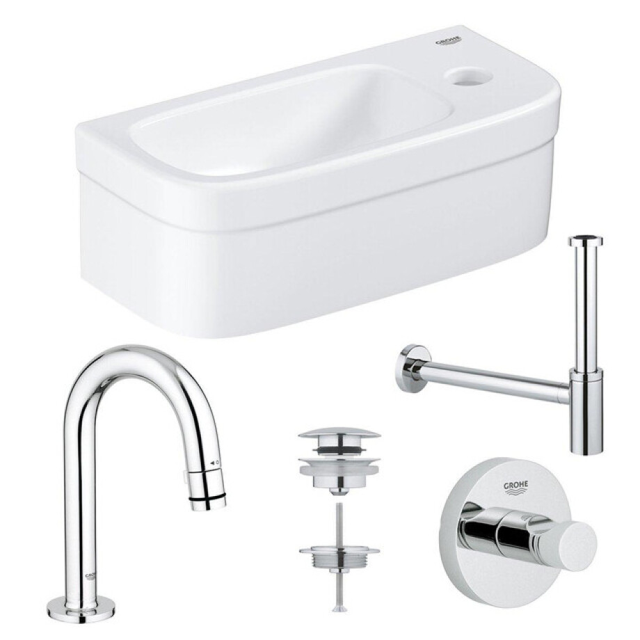 GROHE Euro fonteinset 37x18cm 1 kraangat zonder overloop gebogen chromen kraan sifon afvoerplug handdoekhaak fontein Rechthoek wit 0437366/0434215/ga31755/0438129/sw197129/ afbeelding 1