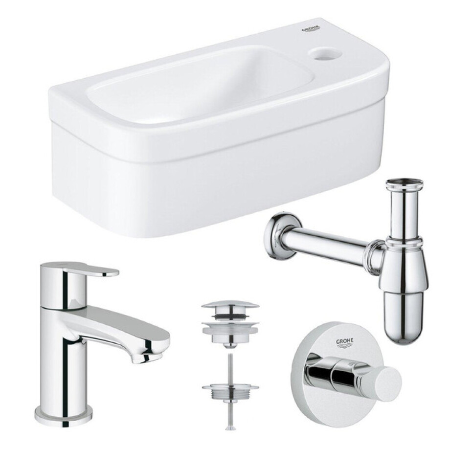 GROHE Euro fonteinset 37x18cm 1 kraangat zonder overloop rechte chromen kraan sifon afvoerplug handdoekhaak fontein Rechthoek wit 0436258/0434215/0437762/0438129/sw197129/ afbeelding 1