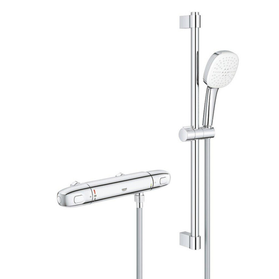 GROHE Grohtherm 1000 Doucheset - thermostatische douchekraan - HOH=12cm - met glijstangset - 60cm - vierkante handdouche - 2 straalsoorten - gladde doucheslang - chroom 34822005 afbeelding 1