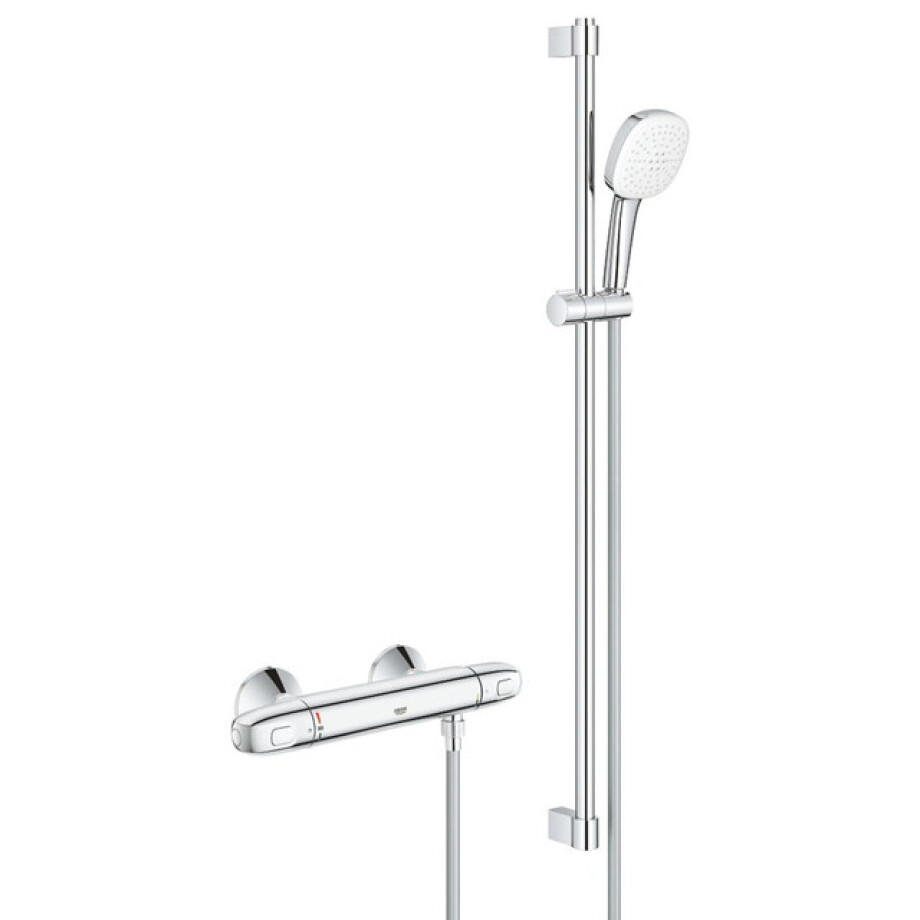 GROHE Grohtherm 1000 Doucheset - thermostatische douchekraan - met glijstangset - 90cm - vierkante handdouche - 3 straalsoorten - gladde doucheslang - chroom 34824005 afbeelding 1