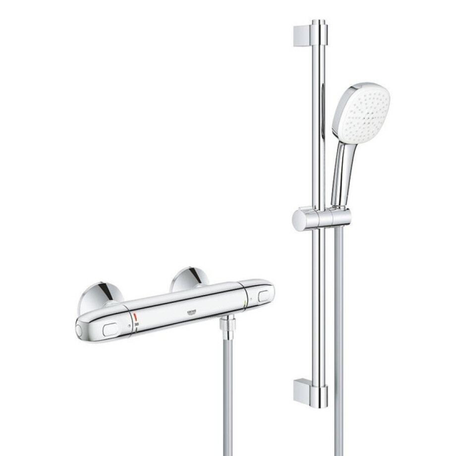GROHE Grohtherm 1000 Doucheset - thermostatische douchekraan - met rozetten - met glijstangset - 60cm - vierkante handdouche - 2 straalsoorten - gladde doucheslang - chroom 34820005 afbeelding 1
