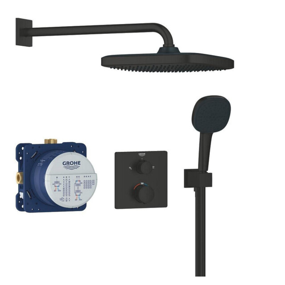 Grohe Precision showerset compleet m. handdouche ø11cm m. 2 straalsoorten en hoofddouche 25x25cmm. inbouw douchekraan therm. vierkant m. omstel mat zwart 348822430 Grohe Precision showerset compleet m. handdouche ø11cm m. 2 straalsoorten en hoofddouche 25x25cmm. inbouw douchekraan therm. vierkant m. omstel mat zwart 348822430 afbeelding 1