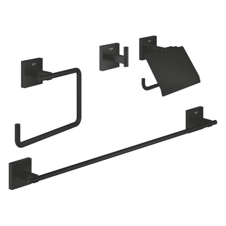 GROHE Start Cube QuickFix Accessoireset 4-delig - toiletrolhouder - met klep - handdoekhaak - handdoekring - handdoekhouder - 60cm - matte black 411152430 GROHE Start Cube QuickFix Accessoireset 4-delig - toiletrolhouder - met klep - handdoekhaak - handdoekring - handdoekhouder - 60cm - matte black 411152430 afbeelding 1