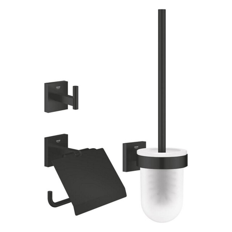 GROHE Start Cube QuickFix Toilet Accessoireset 3-delig - toiletrolhouder - met klep - handdoekhaak - toiletborstel - met glazen houder - matte black 411232430 afbeelding 1