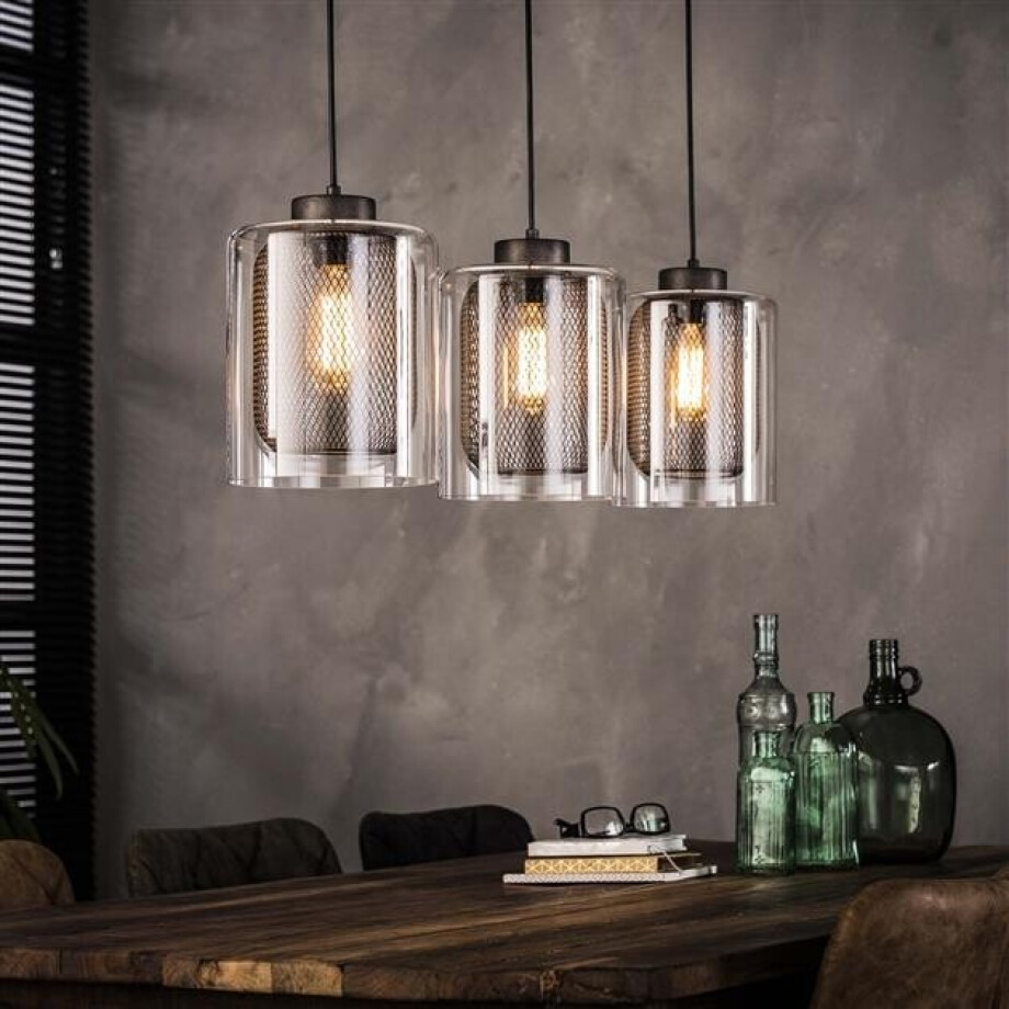 Hanglamp Roxy 3LxØ20 raster glas 100 cm breed - Zilver Hanglamp Roxy 3LxØ20 raster glas 100 cm breed - Zilver afbeelding