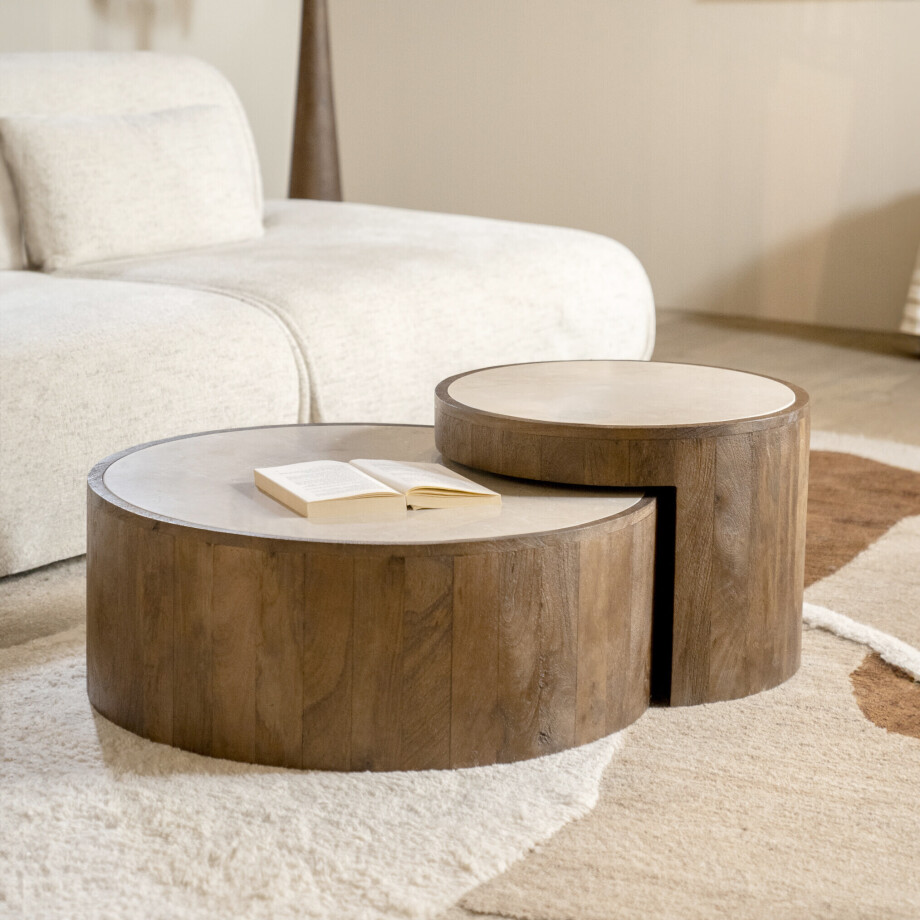 Eleonora Ronde Salontafel 'Hazel' Mangohout en marmer, Set van 2 stuks afbeelding 1