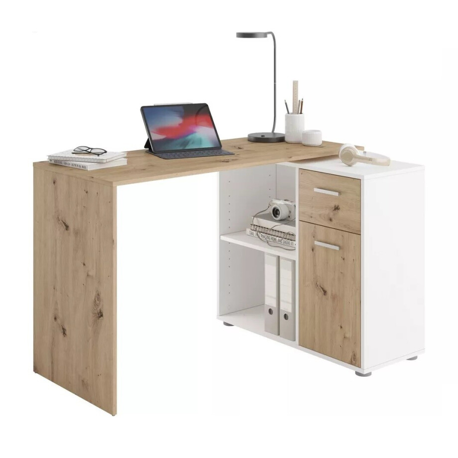 Hoekbureau Albert 117 cm breed in artisan eiken met wit afbeelding 1