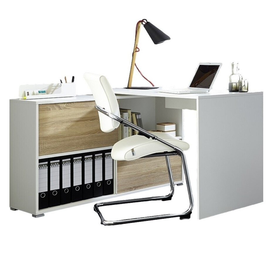 Hoekbureau Slide 120 cm breed in wit met eiken Hoekbureau Slide 120 cm breed in wit met eiken afbeelding 1