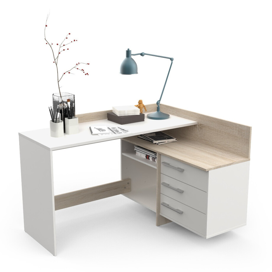 Hoekbureau Thales 129 cm breed wit met eiken afbeelding 1