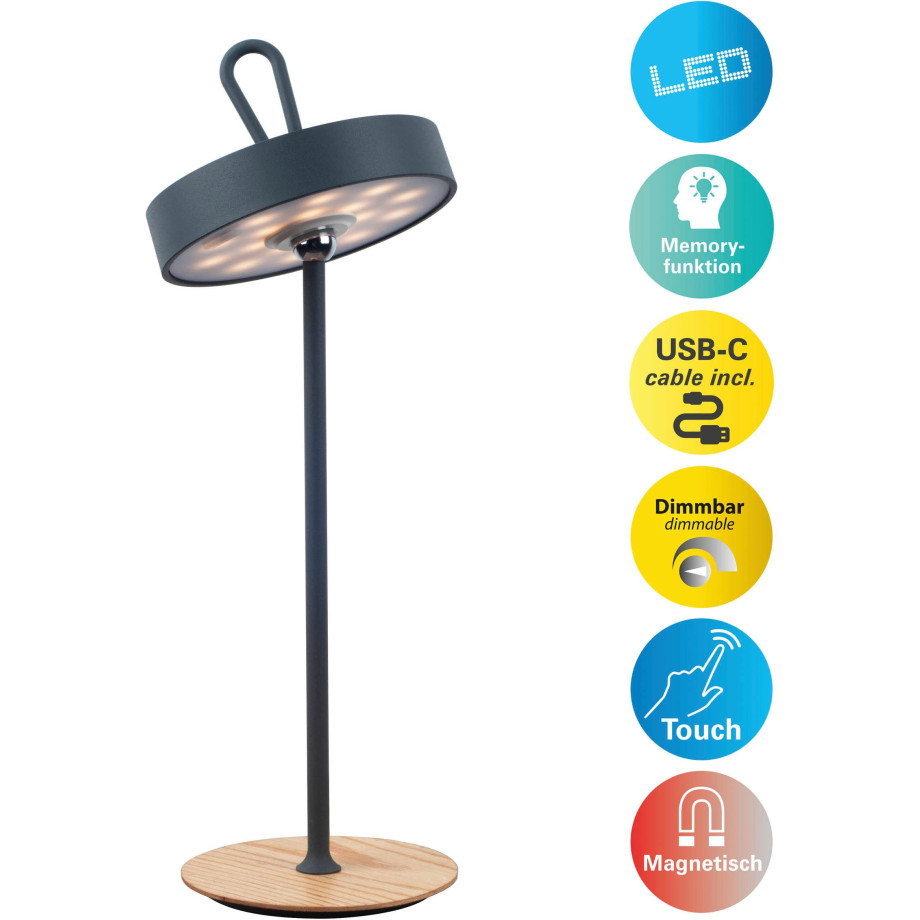 Home affaire Led-tafellamp Charmont met houten voet, afneembare hoofdkant als hanglamp te gebruiken oplaadbaar, incl. accu + usb-kabel, hoofdeinde magnetisch, afneembaar, hout (1 stuk) afbeelding 1