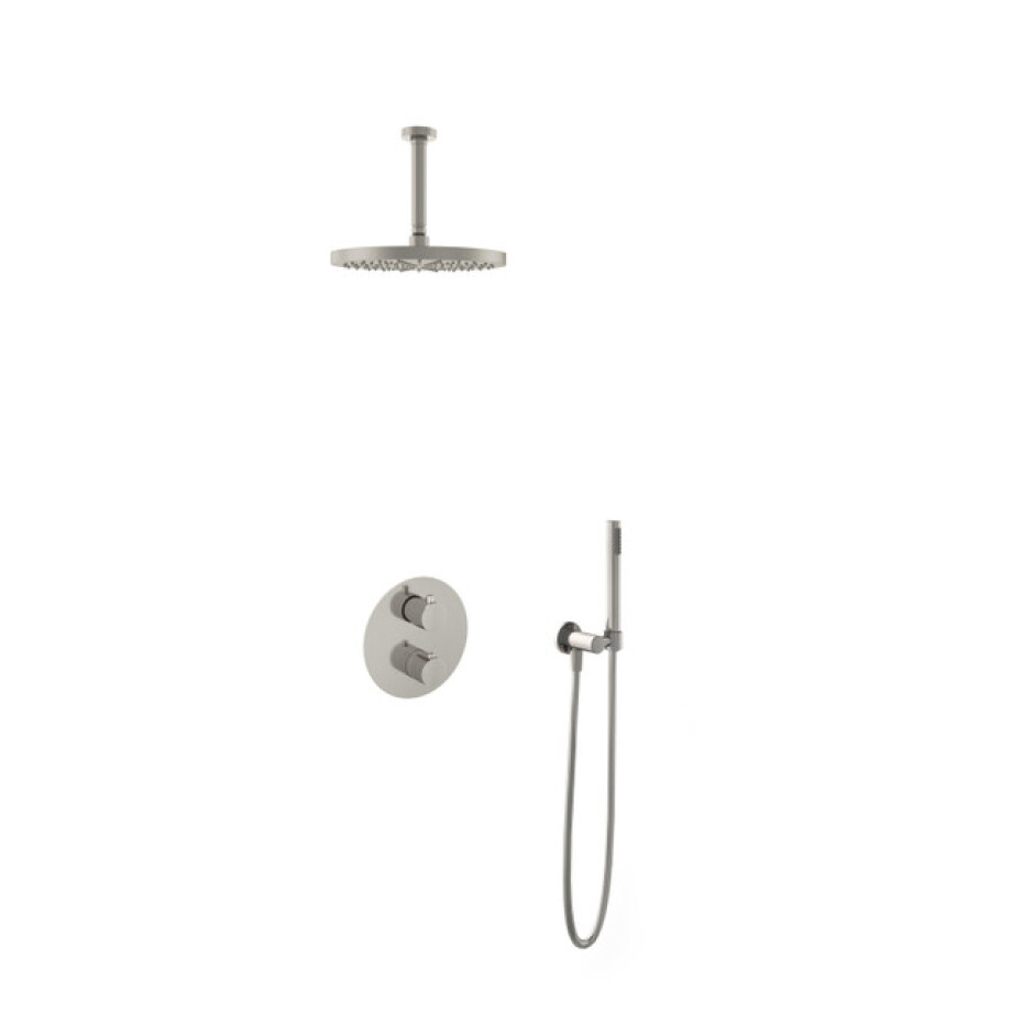 Hotbath Buddy IBS Regendoucheset - 15cm plafondarm - 30cm ronde hoofddouche - staafhanddouche - geborsteld nikkel IBS1AGN25 afbeelding 1