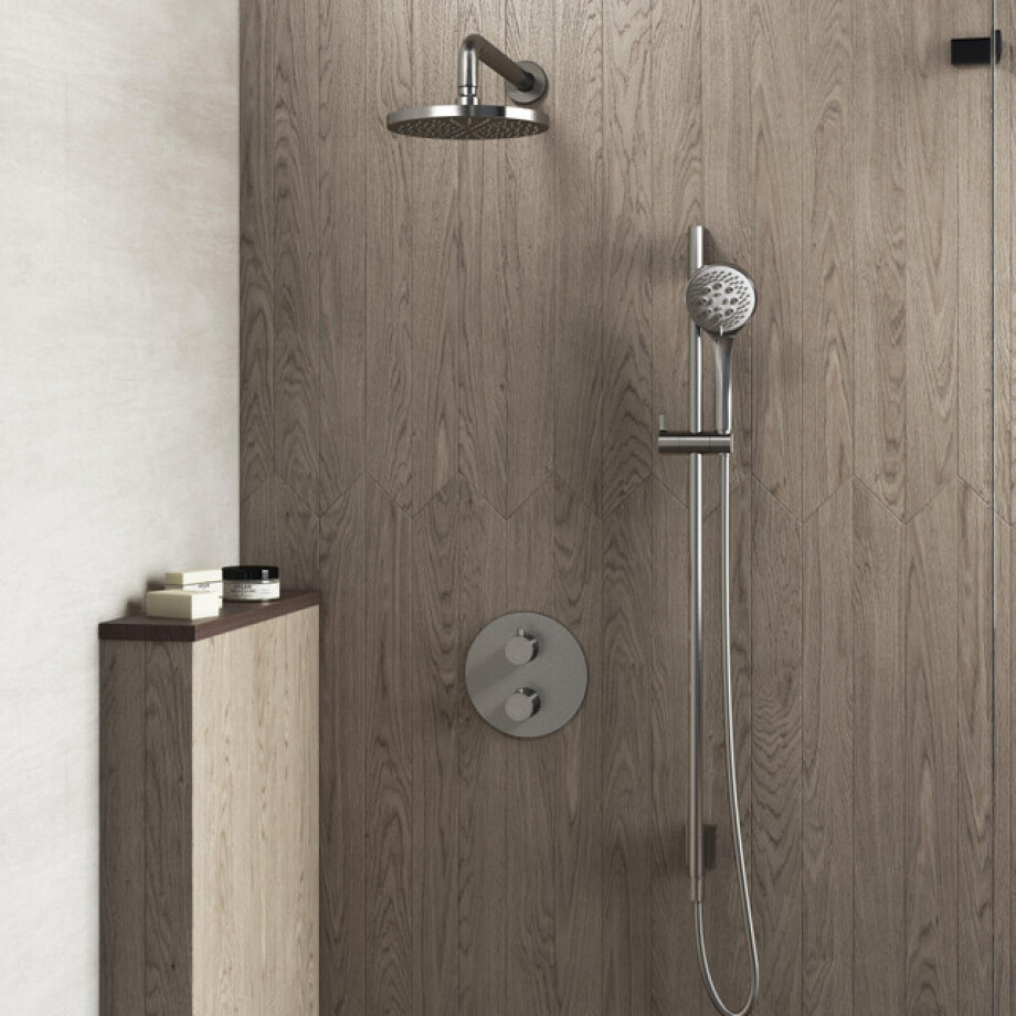 Hotbath Buddy IBS Regendoucheset - 35cm wandarm - 20cm ronde hoofddouche - 3 standen handdouche - glijstang - geborsteld nikkel IBS1AGN17 afbeelding 1