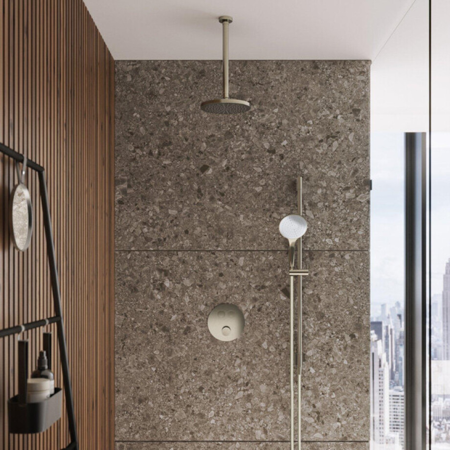 Hotbath Cobber IBS22 Regendoucheset inbouw - 35cm wandarm - 20cm ronde hoofddouche - staafhanddouche - nikkel geborsteld IBS22GN afbeelding 1