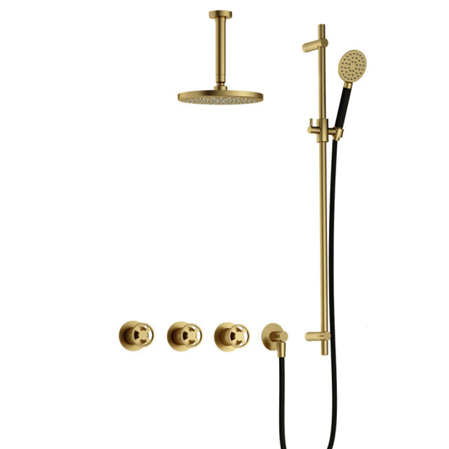 Hotbath Cobber IBSW70 Regendoucheset inbouw - 15cm plafondarm - 20cm ronde hoofddouche - 3 standen handdouche - glijstang - Geborsteld messing PVD IBSW70BBP127 afbeelding 1