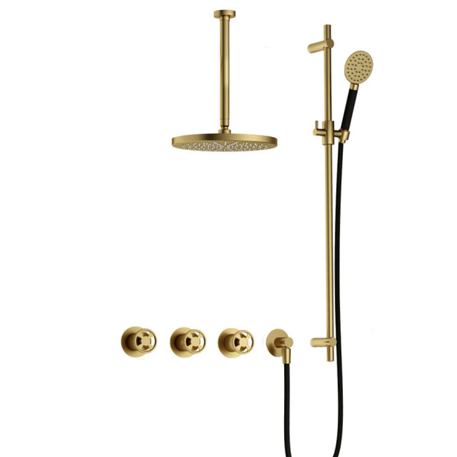 Hotbath Cobber IBSW70 Regendoucheset inbouw - 30cm plafondarm - 20cm ronde hoofddouche - 3 standen handdouche - glijstang - Geborsteld messing PVD IBSW70BBP137 afbeelding 1