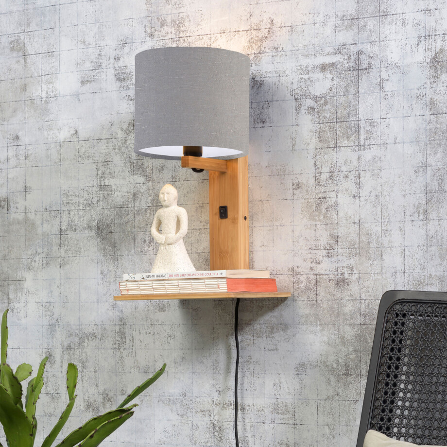 GOOD&MOJO Wandlamp 'Andes' Bamboe en Eco linnen, Met plank, kleur Lichtgrijs/Naturel afbeelding 1