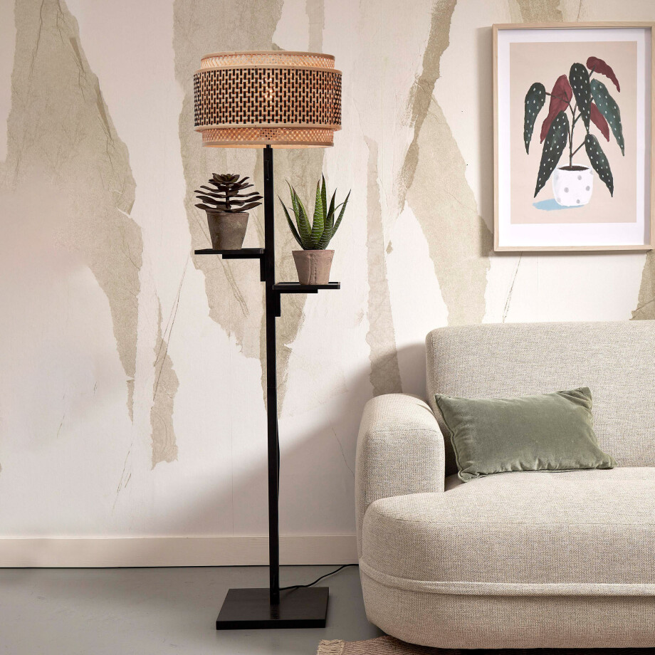 GOOD&MOJO Vloerlamp 'Bhutan' Met 2 plankjes, Bamboe, 160cm, kleur Zwart GOOD&MOJO Vloerlamp 'Bhutan' Met 2 plankjes, Bamboe, 160cm, kleur Zwart afbeelding 1