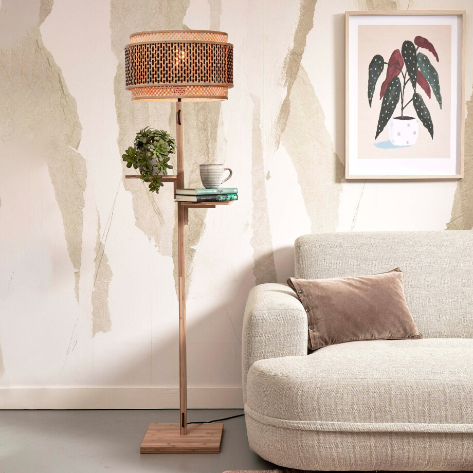 GOOD&MOJO Vloerlamp 'Bhutan' Met 2 plankjes, Bamboe, 160cm, kleur Naturel afbeelding 1