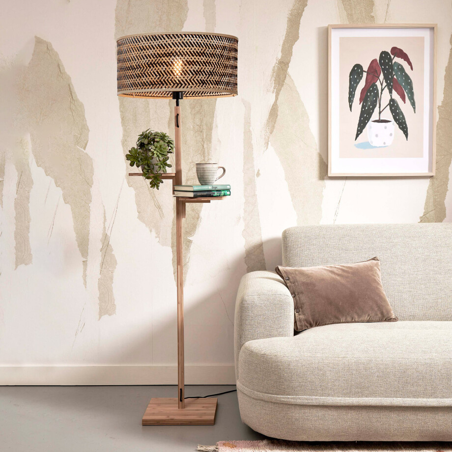 GOOD&MOJO Vloerlamp 'Java' Met 2 plankjes, Bamboe, 158cm, kleur Naturel/Zwart afbeelding 1