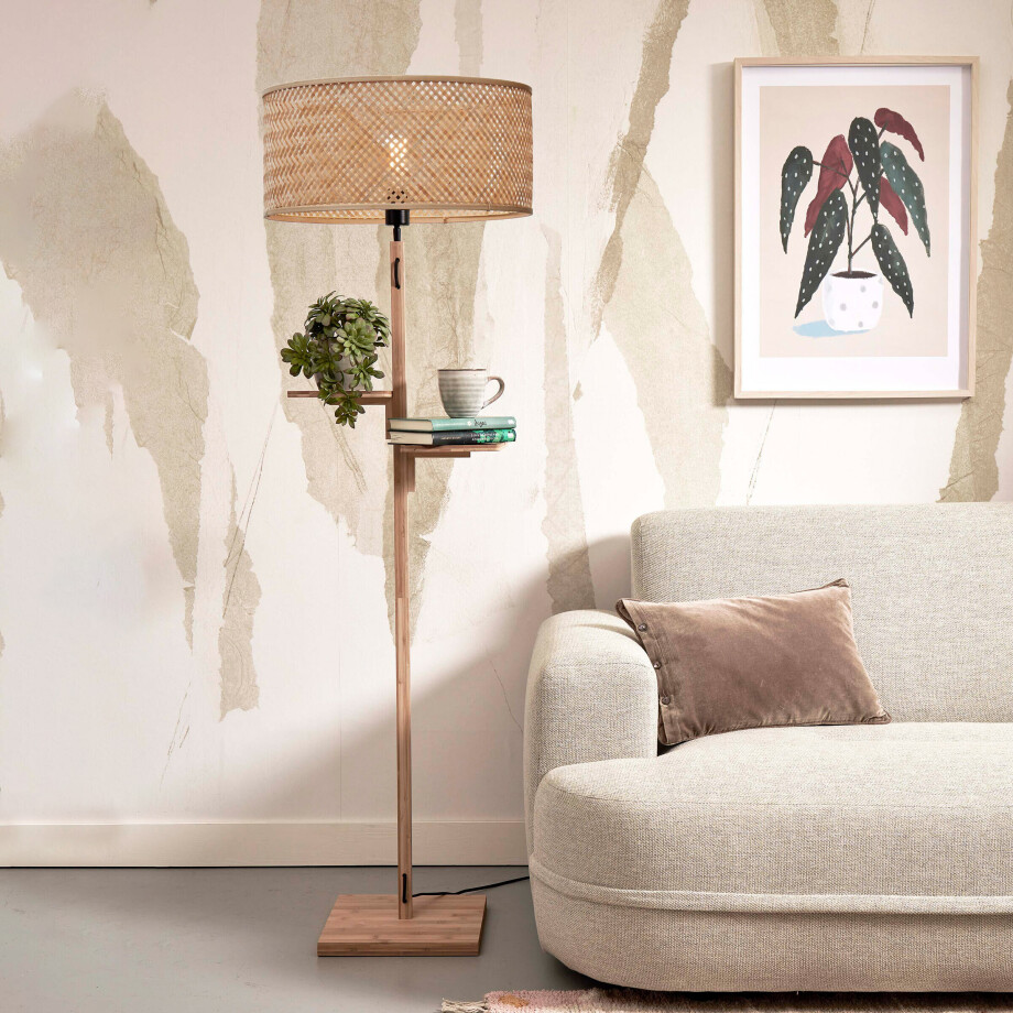 GOOD&MOJO Vloerlamp 'Java' Met 2 plankjes, Bamboe, 158cm, kleur Naturel afbeelding 1
