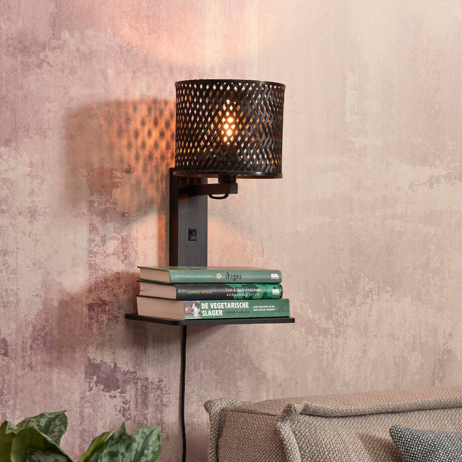GOOD&MOJO Wandlamp 'Java' Met plankje, Bamboe, kleur Zwart afbeelding 1