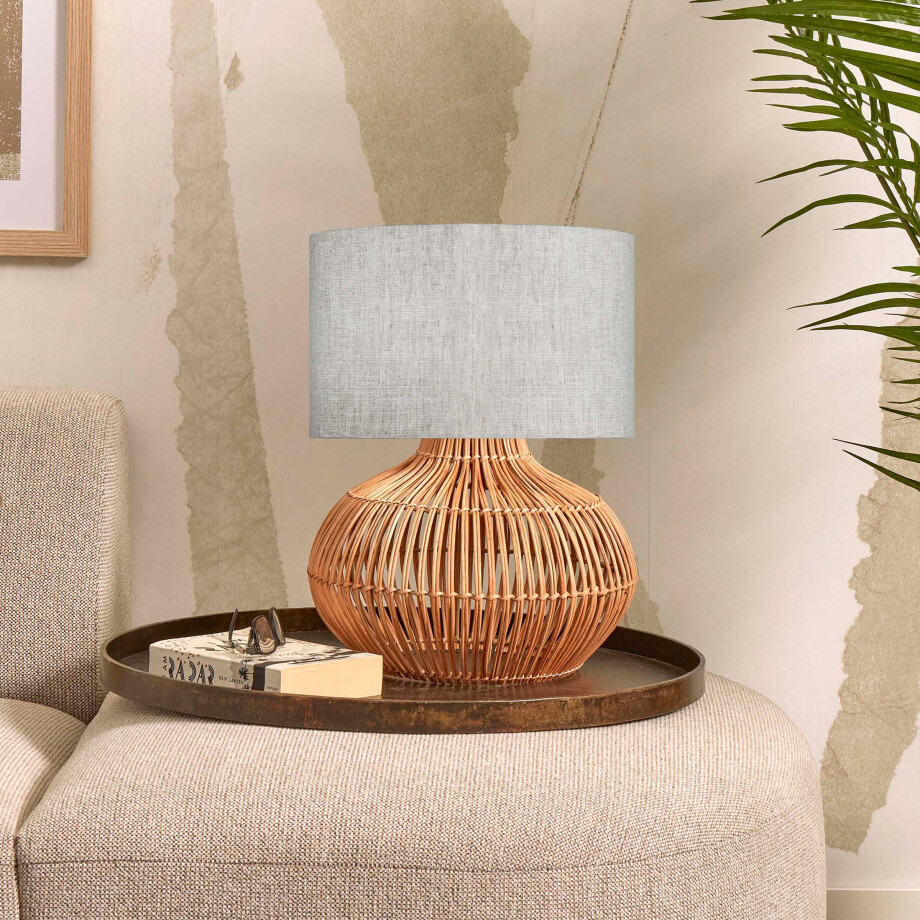 GOOD&MOJO Tafellamp 'Kalahari' Rotan en linnen, 48cm, kleur Naturel/Beige afbeelding 1