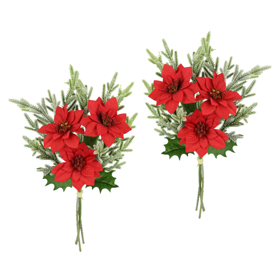 I.GE.A. Boeket kunstbloemen Boeket poinsettia/dennentakken set van 2 kerstdecoratie kerstbloem boeketten decoratieve bloemen kerstster (2 stuks) afbeelding 1