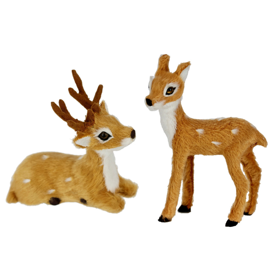 I.GE.A. Decoratief figuur Dierfiguur mini ree 2-pack Kunstbont dierenfiguur standbeeld ornamenten bont pluche dier bontdier bosdier (2 stuks) afbeelding 1