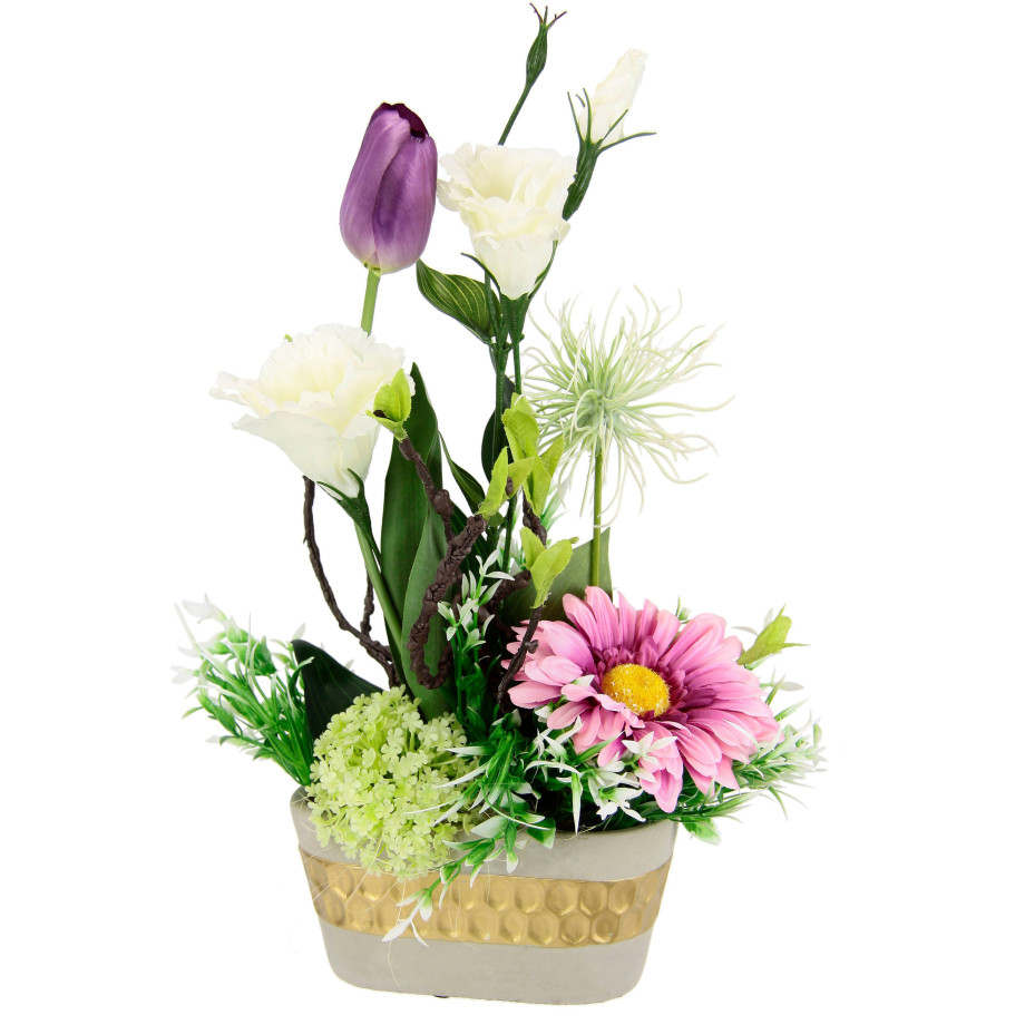 I.GE.A. Kunstbloem Arrangement ranonkel/Lysianthus Plantenschaal van schors met mos (1 stuk) afbeelding 1