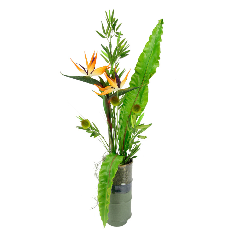 I.GE.A. Kunstbloem Paradijsvogelplant In pot van keramiek met bamboe decoratieve bladeren en gras (1 stuk) afbeelding 1