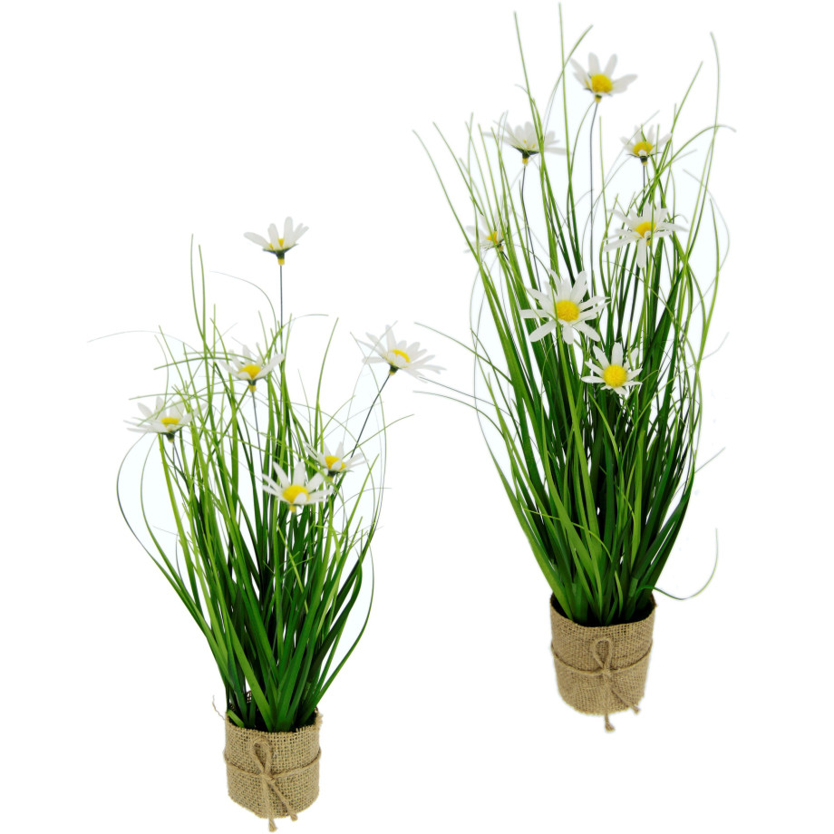 I.GE.A. Kunstgras Gras en bloemen met margrieten en band, in jutepot(2 stuks) afbeelding 1