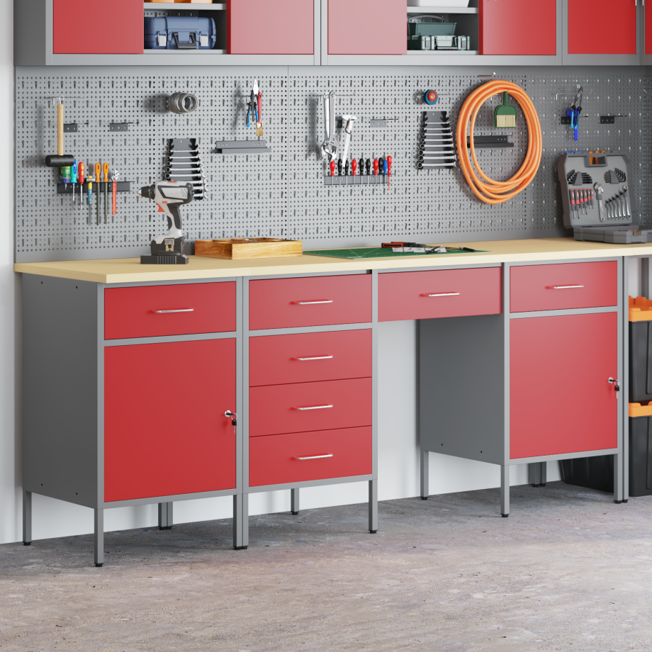 vidaXL 4-delige werkcabinet en tafel set rood gespoten hout en staal afbeelding 1