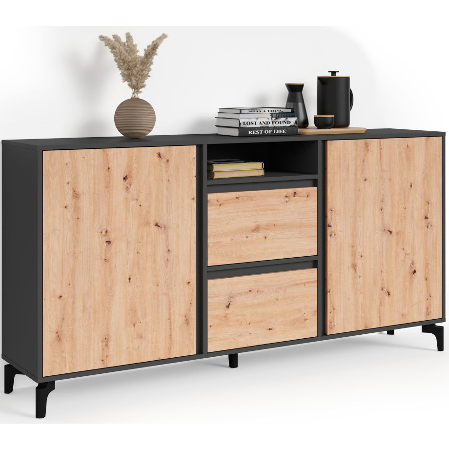 INOSIGN Dressoir Blackwood Breedte 180 cm, romp antraciet met garnering in eiken afbeelding 1