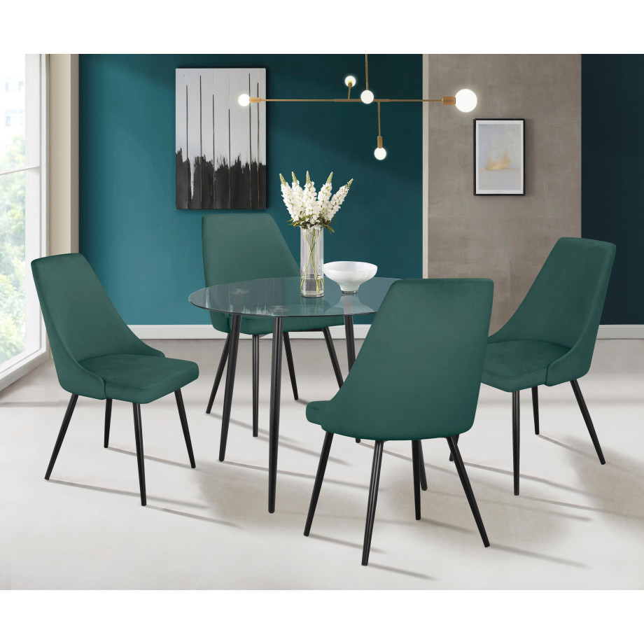 INOSIGN Eethoek Danny-Malio Glazen tafel 100x100 cm met 4 stoelen (velours stof), frame van metaal (set, 5-delig) afbeelding 1