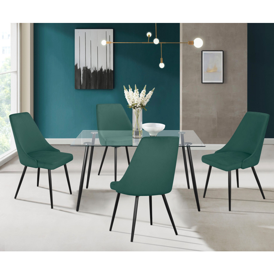 INOSIGN Eethoek Danny-Malio Glazen tafel 140x80 cm met 4 stoelen (velours stof), frame van metaal (set, 5-delig) afbeelding 1