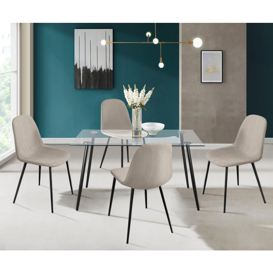 INOSIGN Eethoek Danny-Miller Glazen tafel 140x80 cm met 4 stoelen (cord), frame van metaal (set, 5-delig) afbeelding 1