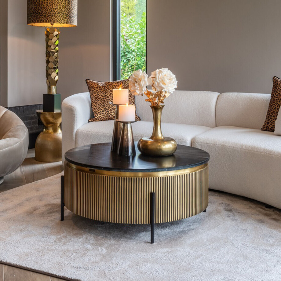 Richmond Ronde Salontafel 'Ironville' Ø90cm, goud / zwart marmer afbeelding 