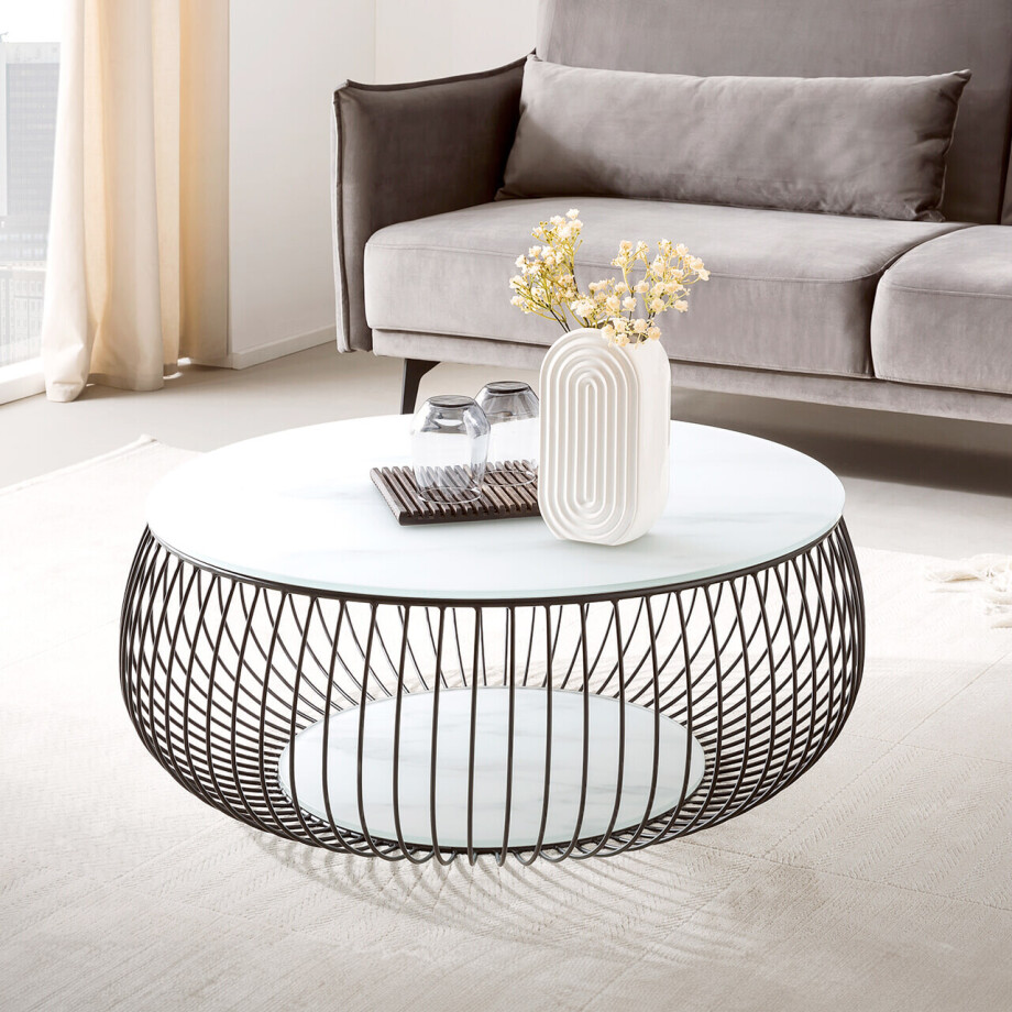 Artistiq Ronde Salontafel 'Johathan' Glas 86cm, kleur wit marmerlook Artistiq Ronde Salontafel 'Johathan' Glas 86cm, kleur wit marmerlook afbeelding