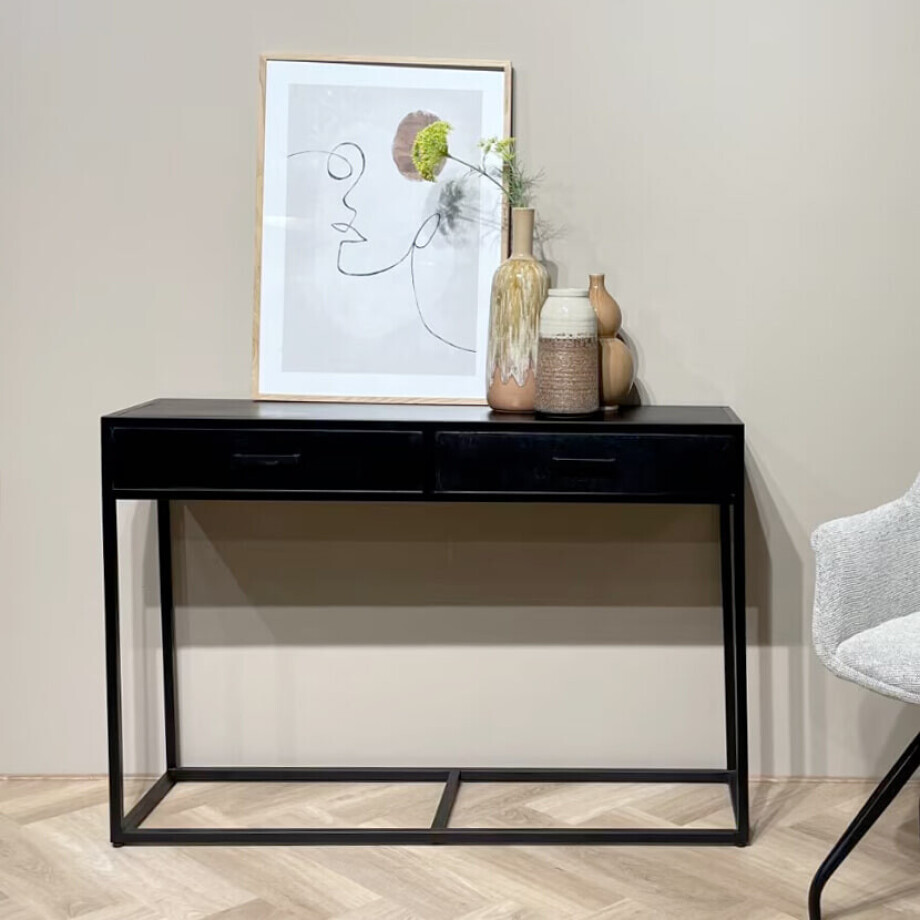 Livingfurn Sidetable 'Kala' Mangohout en staal, 120cm, kleur Zwart Livingfurn Sidetable 'Kala' Mangohout en staal, 120cm, kleur Zwart afbeelding
