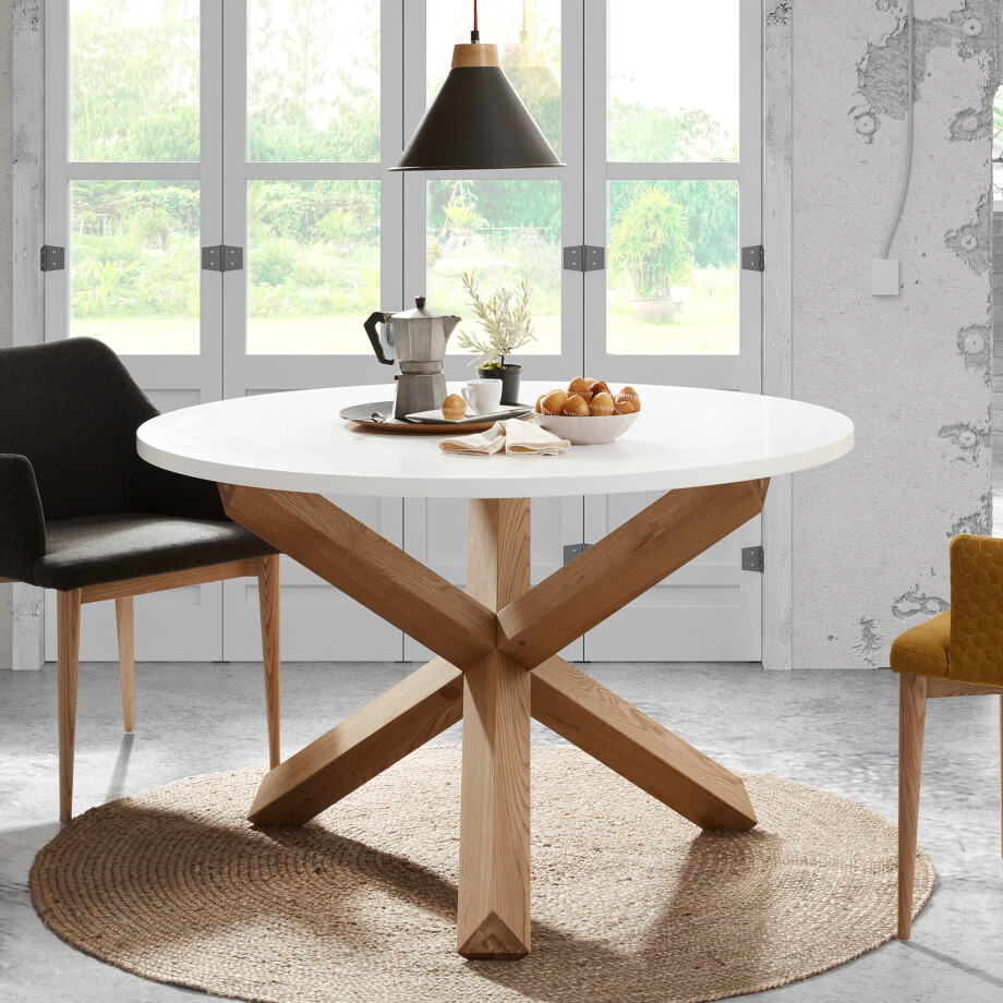 Kave Home Ronde Eettafel 'Lotus' 120cm, kleur Wit/Eiken afbeelding 