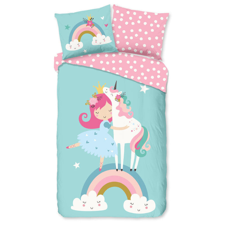 Kinderdekbedovertrek Katoen - 140x200 Cm Blauw & Meerkleurig & Roze - Stippen & Natuur - Good Morning - Dekbed-Discounter.nl afbeelding 1