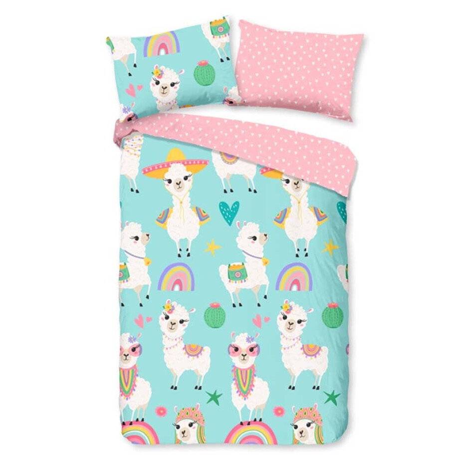 Kinderdekbedovertrek Katoen - 140x200 Cm Blauw & Roze & Meerkleurig - Stippen & Dieren - Good Morning - Dekbed-Discounter.nl afbeelding 1