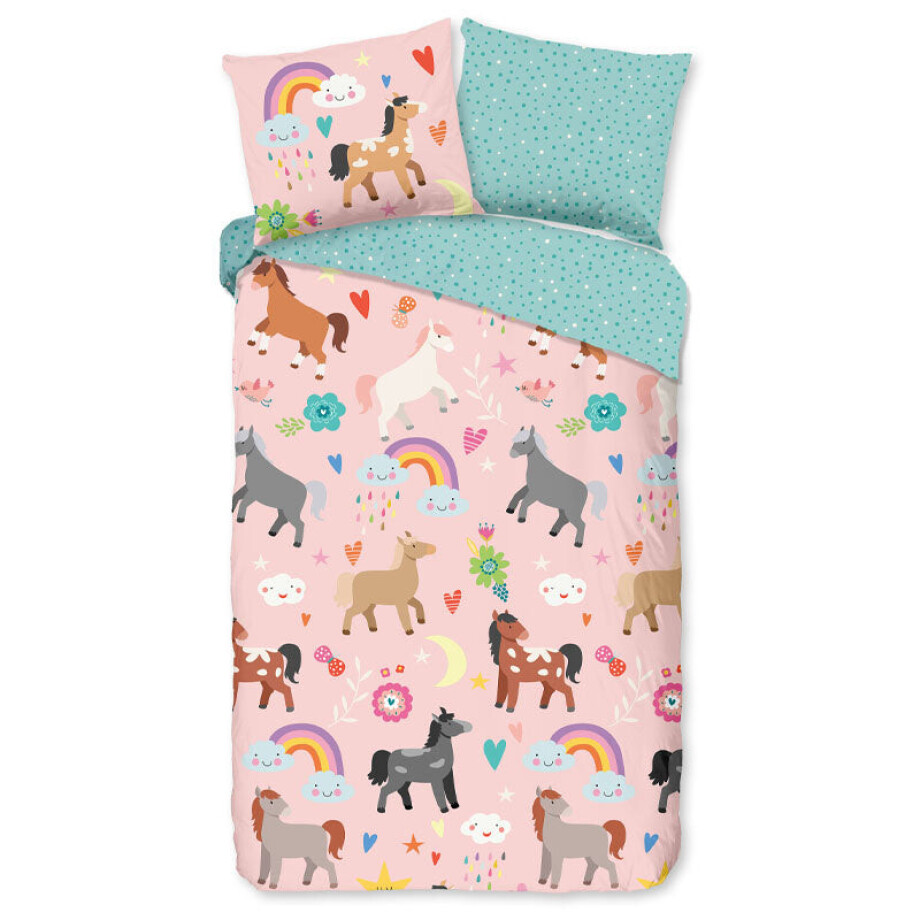 Kinderdekbedovertrek Katoen - 140x200 Cm Roze & Meerkleurig - Natuur & Dieren & Stippen - Good Morning - Dekbed-Discounter.nl afbeelding 1