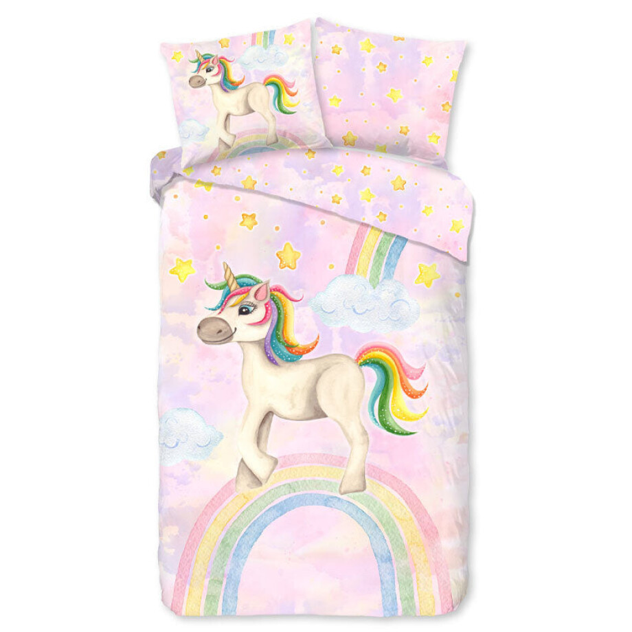 Kinderdekbedovertrek Katoen - 140x200 Cm Roze & Meerkleurig - Stippen & Dieren - Good Morning - Dekbed-Discounter.nl afbeelding 1